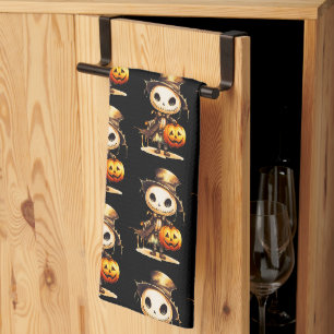 Ghoul Top Hat Jack-o' Lantern Black Halloween Tea Towel
