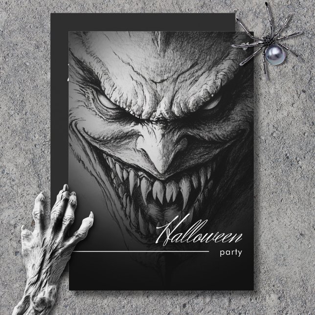 Ghoulish Gargoyle Black & White Halloween Party Invitation (Ghoulish Gargoyle Black & White Halloween Party Invitation)