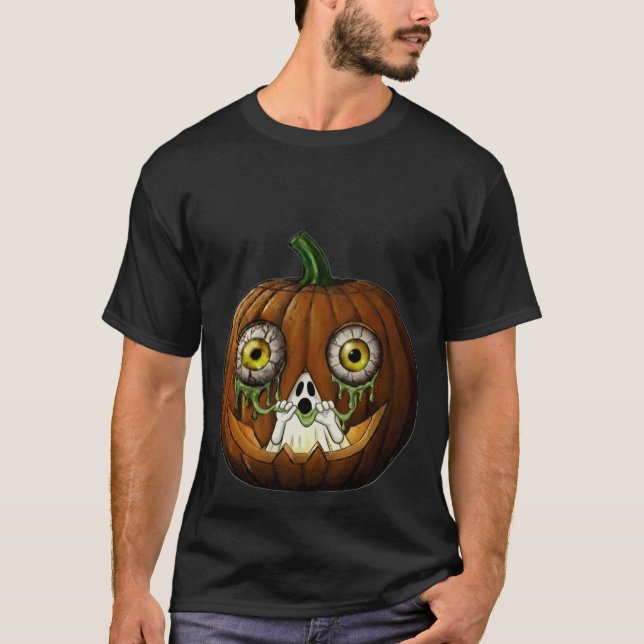 Ghoulish Ghost Dripping Eyeballs Jack-O-Lantern T-Shirt (Front)