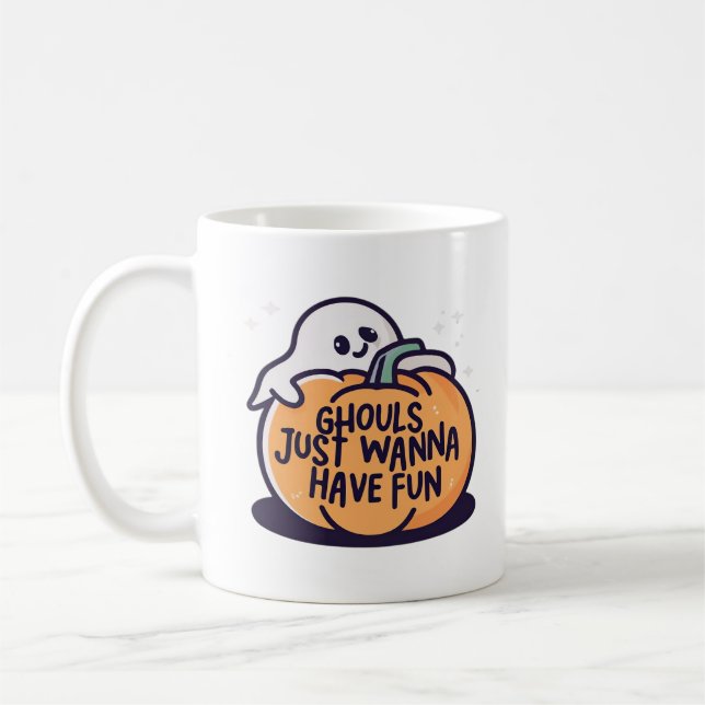 Ghouls Just Wanna Have Fun - Cute Halloween Doodle Coffee Mug (Left)