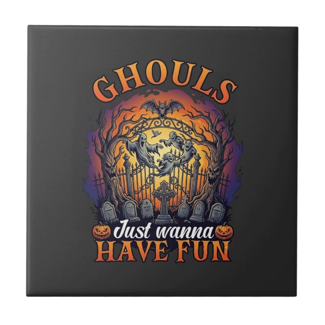 Ghouls Just Wanna Have Fun Ghosts Cemetery Pumpkin Tile (Front)