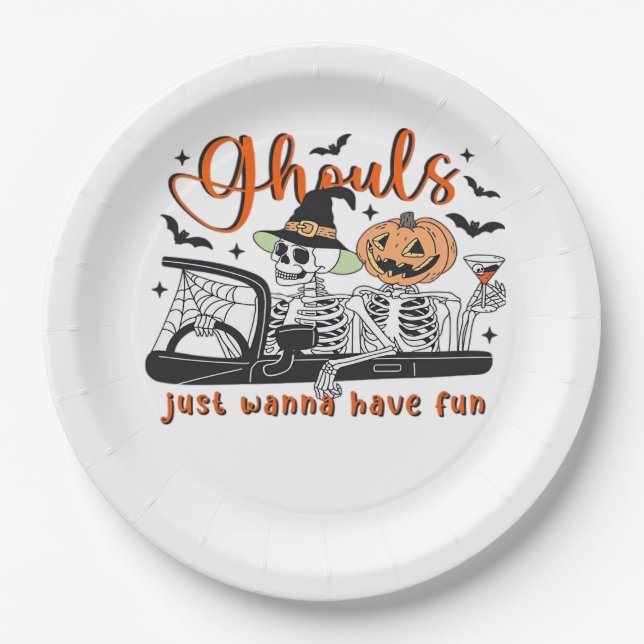 Ghouls Just Wanna Have Fun – Halloween Skeletons D Paper Plate (Front)