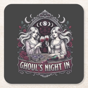 Ghoul's Night In Spooky Wine Tarot Halloween Party Square Paper Coaster