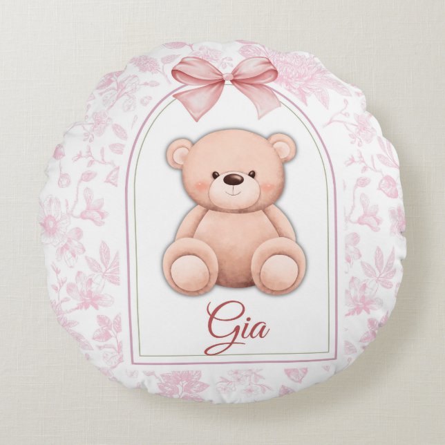 Gia | Custom Pink Teddy Bear Nursery Design  Round Cushion (Front)