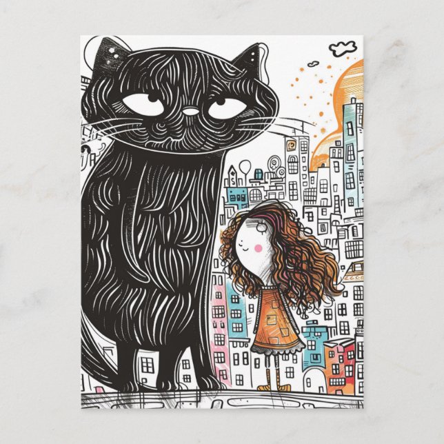 Giant Black Cat and the Girl in the City Postcard (Front)
