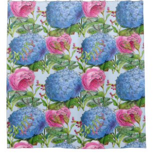 Giant Blue Hydrangeas and Rose Pattern Shower Curtain