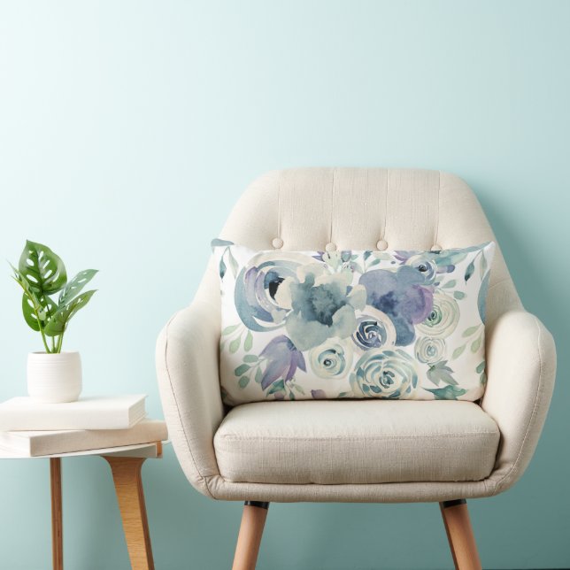 Giant Blue Teal Roses Watercolor Lumbar Cushion (Chair)