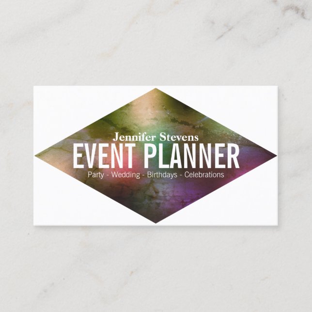 Giant bold rhomboid colourful cover business card (Front)