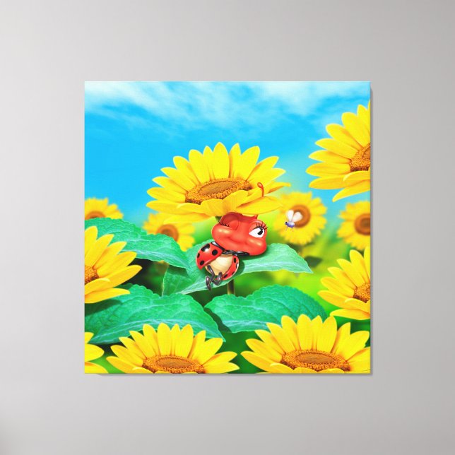 Giant canvas print sleepy Ladybug with sunflowers (Front)