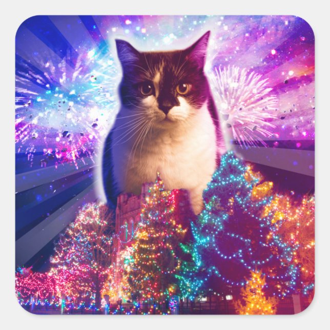 Giant Christmas Cat Square Sticker (Front)