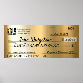 Giant faux presentation check charity bonus prize poster