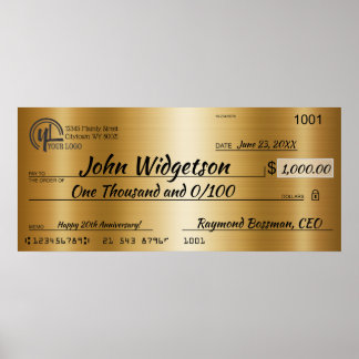 Giant faux presentation check charity bonus prize poster