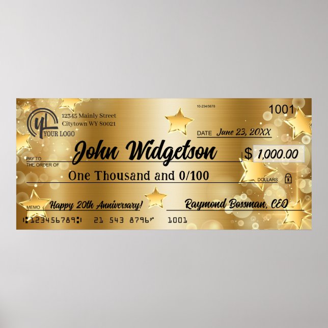 Giant faux presentation check charity bonus prize poster (Front)