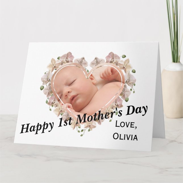 GIANT First Mother's Day Baby Photo Heart Floral Card (Front)