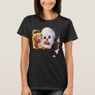 Giant Ghost Hiding Behind a Tiny Pumpkin Halloween T-Shirt
