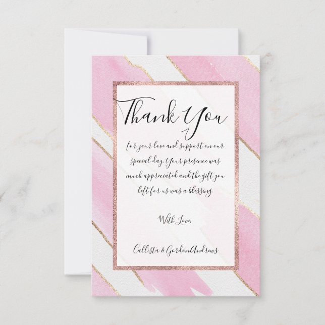 Giant Gold Trimmed Pink Watercolor Brushstrokes Thank You Card (Front)