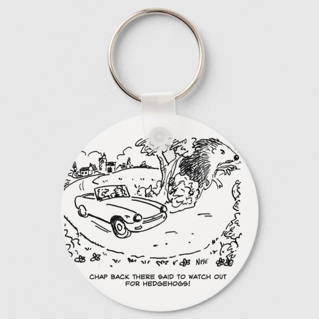 Giant Hedgehog and Sports Car Cartoon. Funny Key Ring (Front)