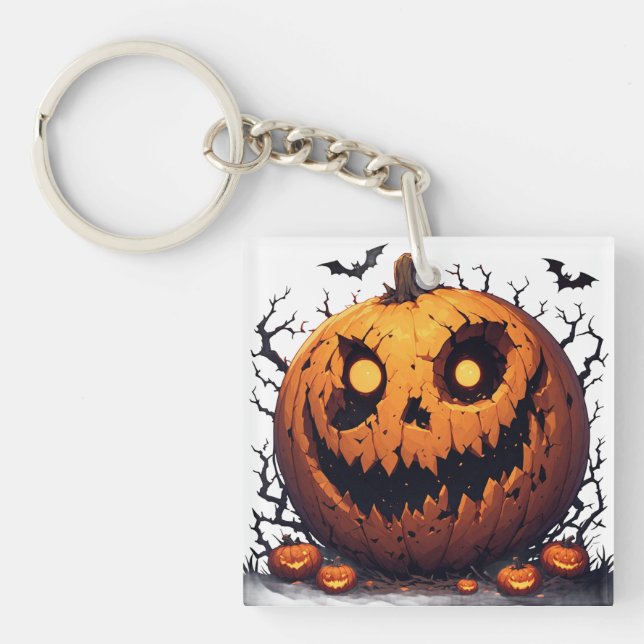 Giant Jack O Lantern With Sinister Halloween Grin  Key Ring (Front)