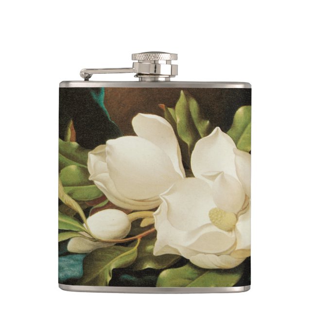 Giant Magnolias on a Blue Velvet Cloth by MJ Heade Hip Flask (Front)