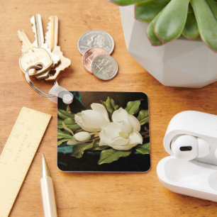 Giant Magnolias on a Blue Velvet Cloth by MJ Heade Key Ring