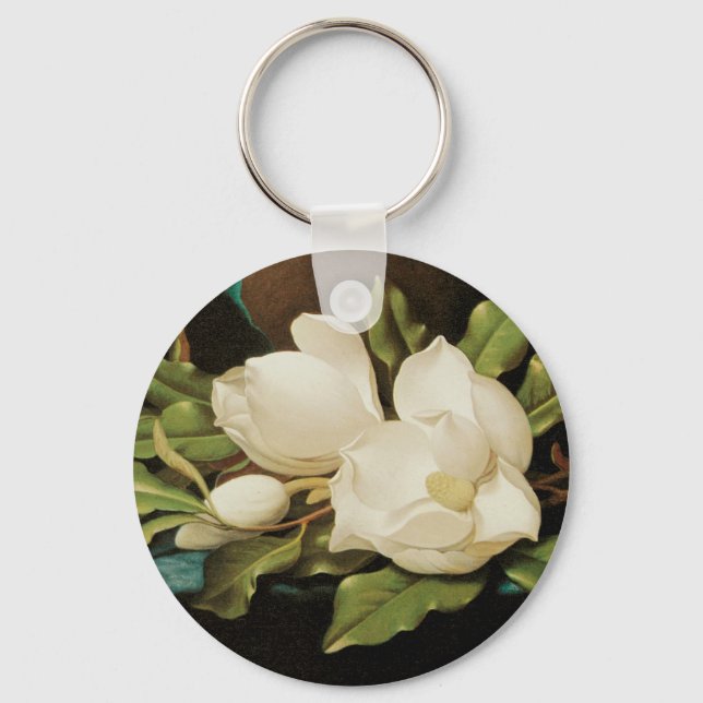 Giant Magnolias on a Blue Velvet Cloth by MJ Heade Key Ring (Front)