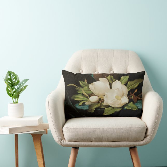 Giant Magnolias on a Blue Velvet Cloth by MJ Heade Lumbar Cushion (Chair)