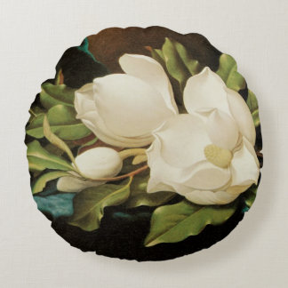 Giant Magnolias on a Blue Velvet Cloth by MJ Heade Round Cushion