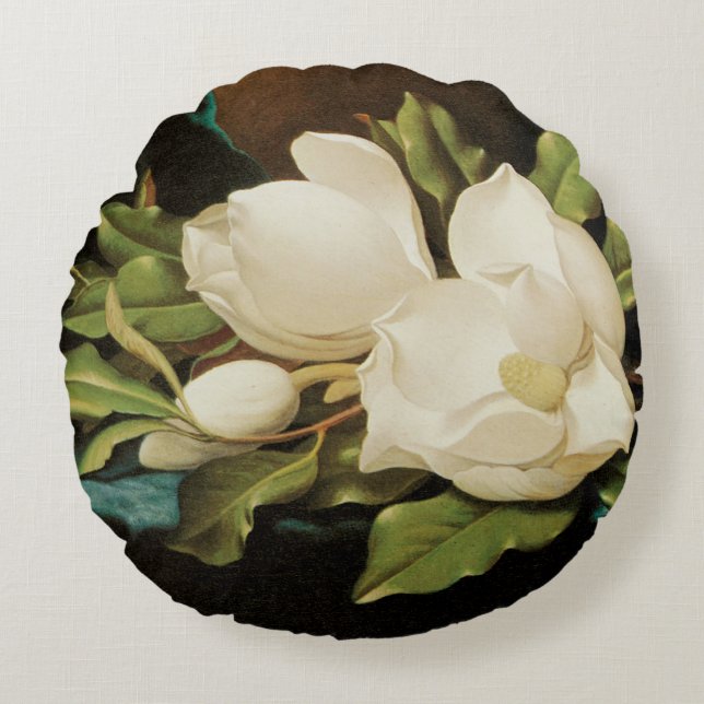 Giant Magnolias on a Blue Velvet Cloth by MJ Heade Round Cushion (Front)