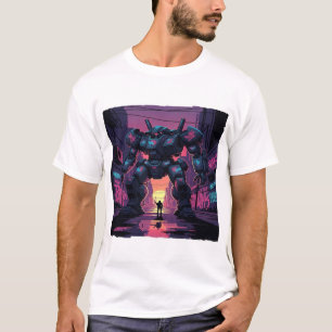 Giant Mech Robot vs Human   Cyberpunk City Sunset  T-Shirt