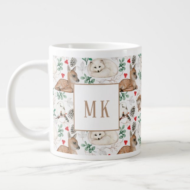 Giant Mug, woodland animals with monogram Large Coffee Mug (Left)