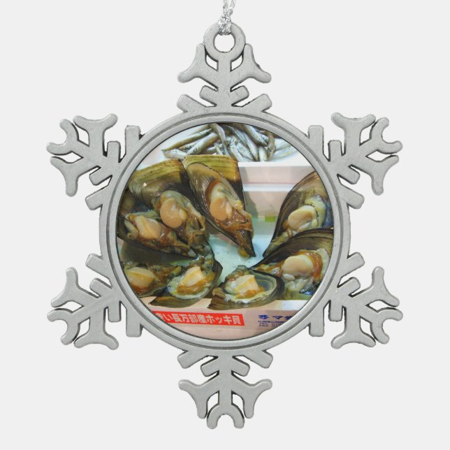 Giant Mussels Tsukiji Fish Market, Tokyo, Japan Snowflake Pewter Christmas Ornament (Front)