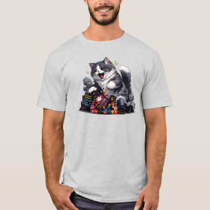 Giant Neon Cat City Chaos Cute Cyberpunk Graphic T T-Shirt