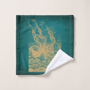 Giant Octopus Attacking Ship Teal Antique Kraken Wash Cloth