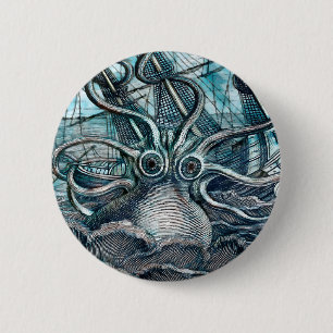 Giant Octopus Blue Sea Monster Sailboat 6 Cm Round Badge