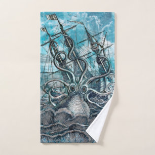 Giant Octopus Blue Sea Monster Sailboat Bath Towel Set