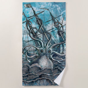 Giant Octopus Blue Sea Monster Sailboat Beach Towel
