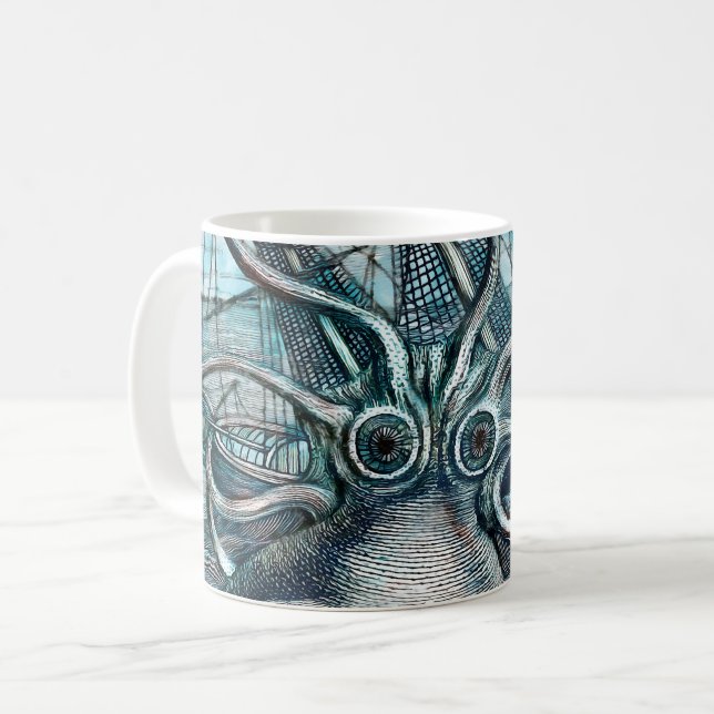 Giant Octopus Blue Sea Monster Sailboat Coffee Mug (Front Left)