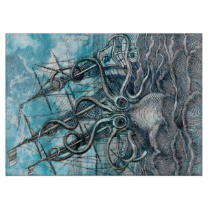 Giant Octopus Blue Sea Monster Sailboat Cutting Board