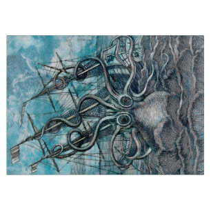 Giant Octopus Blue Sea Monster Sailboat Cutting Board
