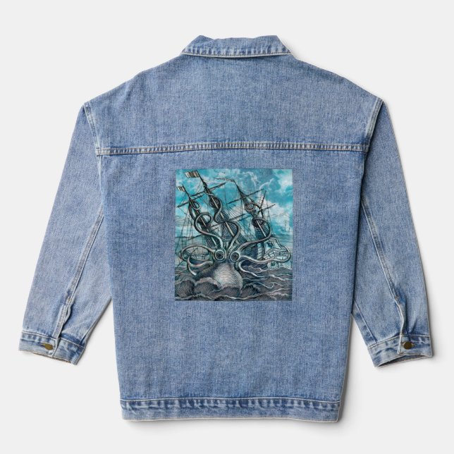 Giant Octopus Blue Sea Monster Sailboat Denim Jacket (Back)