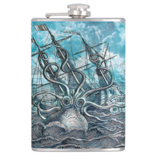 Giant Octopus Blue Sea Monster Sailboat Hip Flask