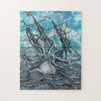 Giant Octopus Blue Sea Monster Sailboat