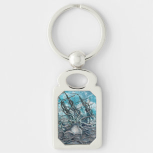 Giant Octopus Blue Sea Monster Sailboat Key Ring