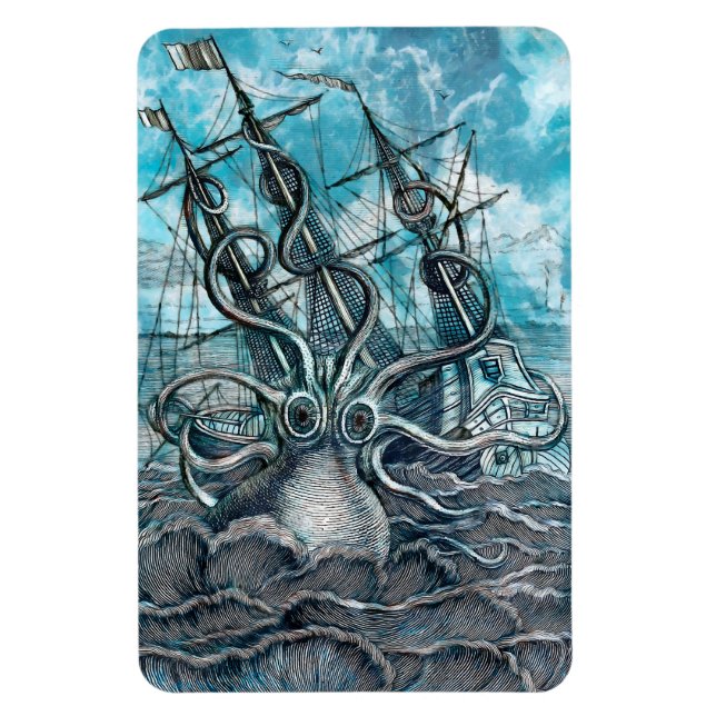 Giant Octopus Blue Sea Monster Sailboat Magnet (Vertical)