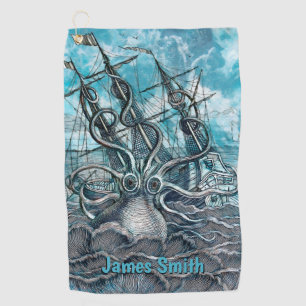 Giant Octopus Blue Sea Monster Sailboat Monogram Golf Towel