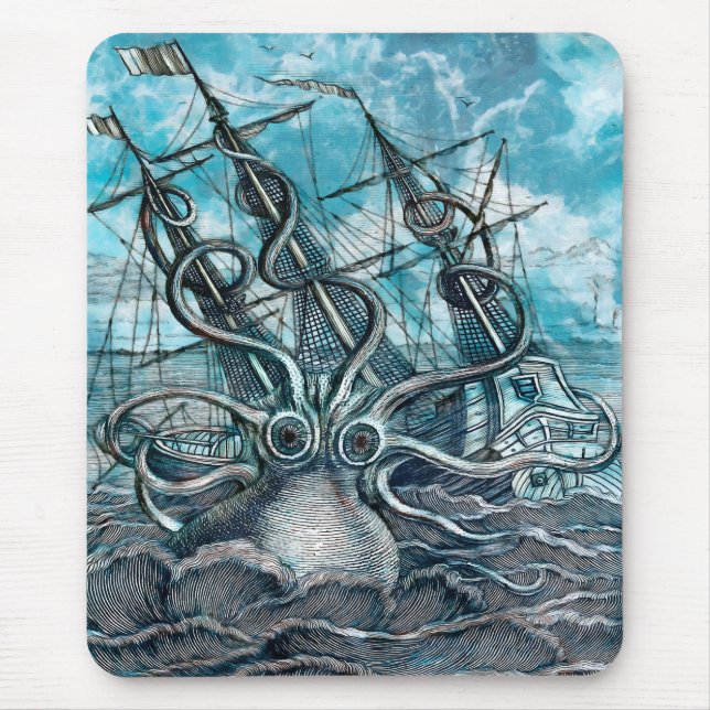 Giant Octopus Blue Sea Monster Sailboat  Mouse Mat (Front)