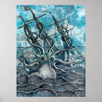 Giant Octopus Blue Sea Monster Sailboat