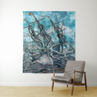 Giant Octopus Blue Sea Monster Sailboat