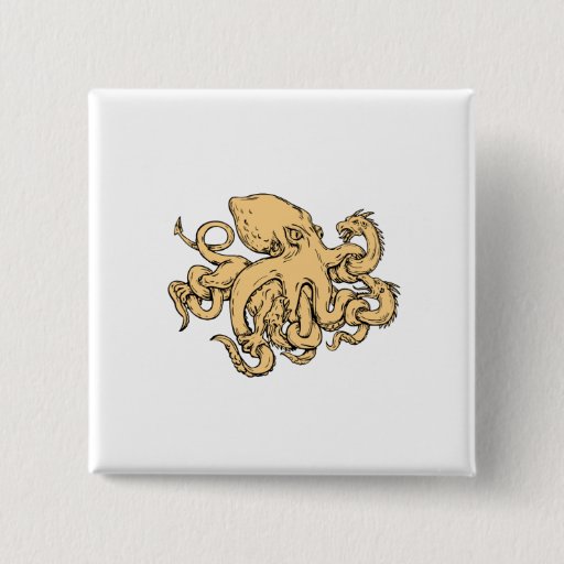 Image of Giant Octopus Fighting Hydra Drawing 15 Cm Square Badge