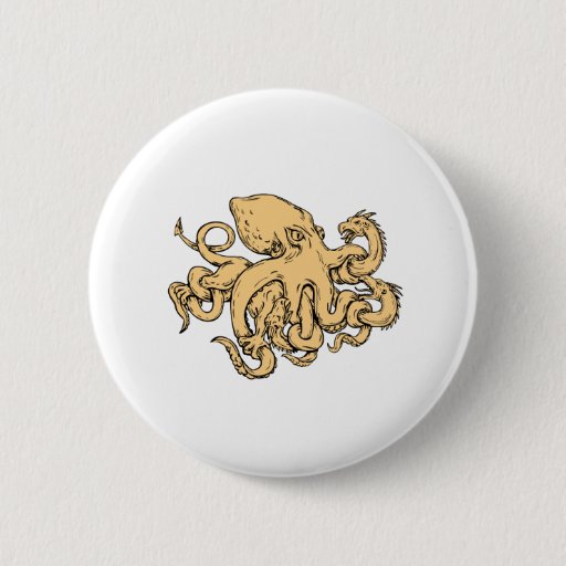 Image of Giant Octopus Fighting Hydra Drawing 6 Cm Round Badge